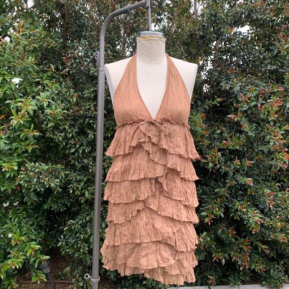 Elizabeth and James Champagne Brown Metallic Ruffle Halter Dress Women’s Medium - Picture 1 of 8